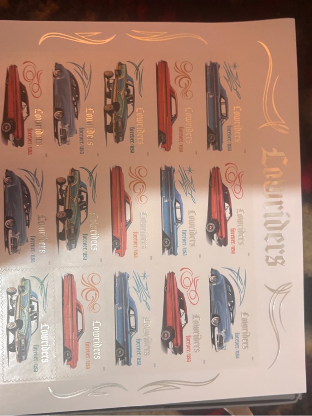 Lowriders forever 21 stamps Sheet - Red, Blue, Green Cars